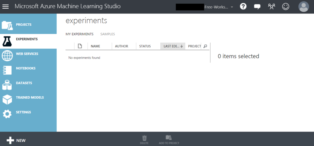 Welcome Screen in Azure ML Studio Classic