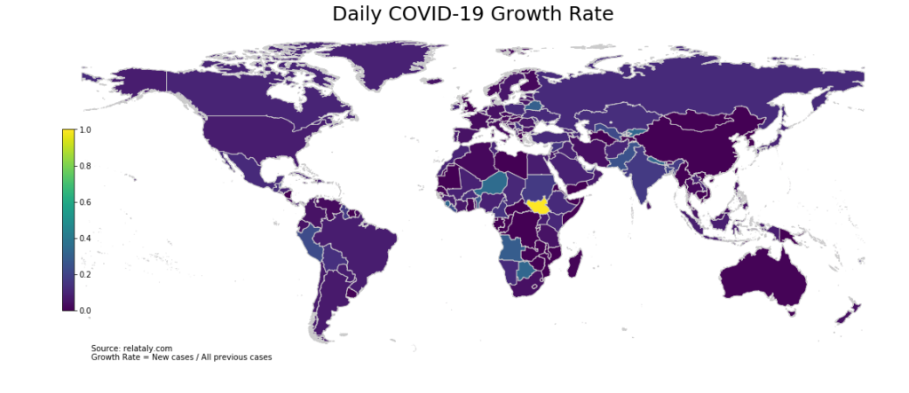 Geographic heat map showing COVID-19 growth rates in different countries of the world. In this Python tutorial we will create similar maps.