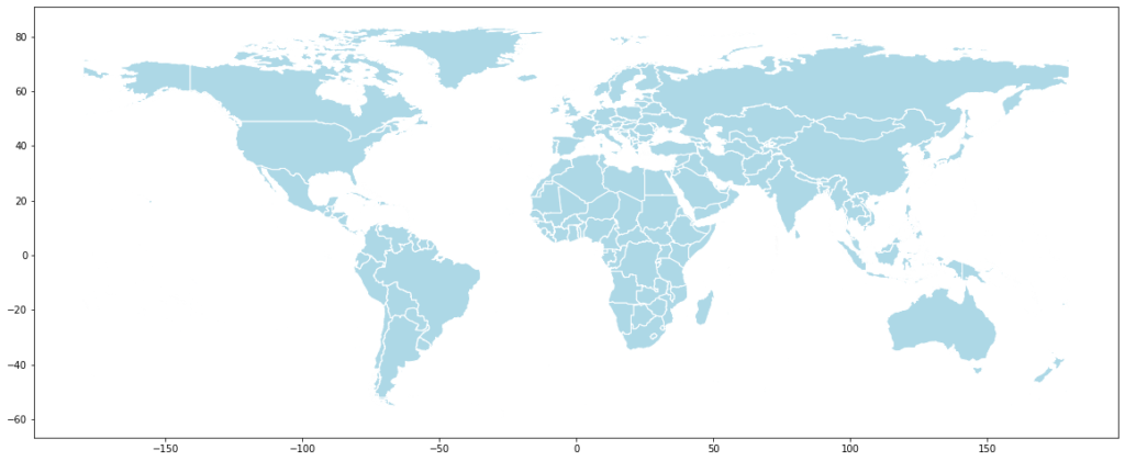 Geographic map of the world. This is an empty shema we will use as the basis for color-coded geo heatmpaps. 