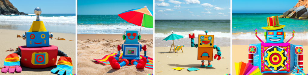 Example DALL-E creation for a ChatGPT-generated prompt using the command: "generate a prompt for DALL-E on a robot on the beach."