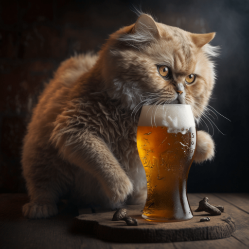 A fluffy cat drinking beer after creating an ARIMA sales forecast. Image created with Midjourney