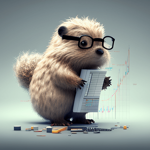A cartoon-style illustration of a cute animal, possibly a raccoon, sitting at a desk and working on a laptop. The animal is wearing glasses and appears to be focused on a screen displaying graphs and charts related to time series analysis. In the background, there are books, a clock, and other office supplies. This image represents the concept of feature engineering, a process of selecting and transforming data features to improve machine learning models, particularly for time series data. Midjourney