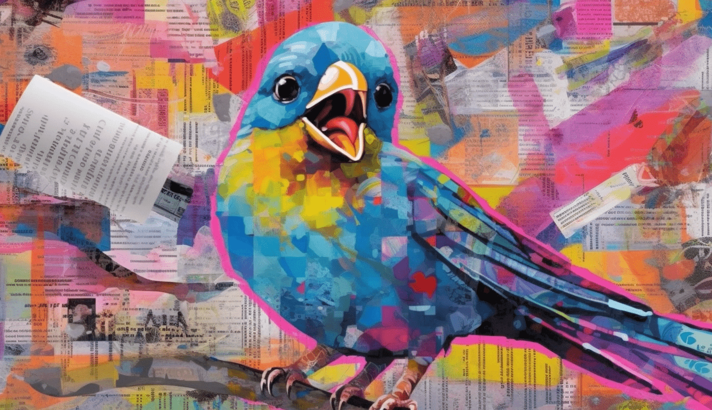 a robot twitter bird posting a tweed, colorful popart