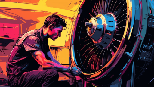 A mechanic working on an airplace engine