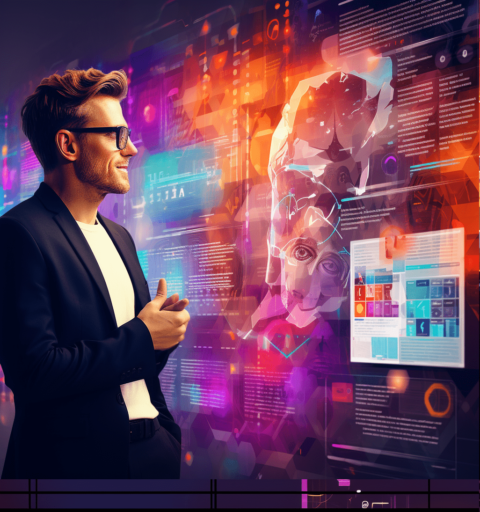 A guy looking at a lof of complex information on a wall that display AI, data and technology.